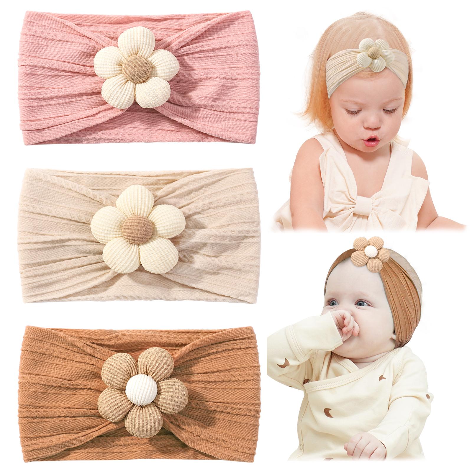 

3 шт./компл. Мягкая нейлоновая косынка, подходит для новорожденных девочек, повязка на голову с цветком, эластичная повязка для волос, тюрбан, аксессуары для волос для малышей