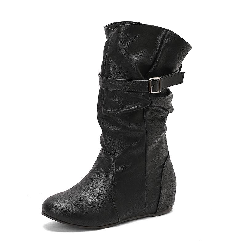 Fashion Women Mid-Calf Boots PU Pleated Boots Female Round Toe Shoes Concise Height Increasing Flat Shoes Autumn Winter Size 34-50