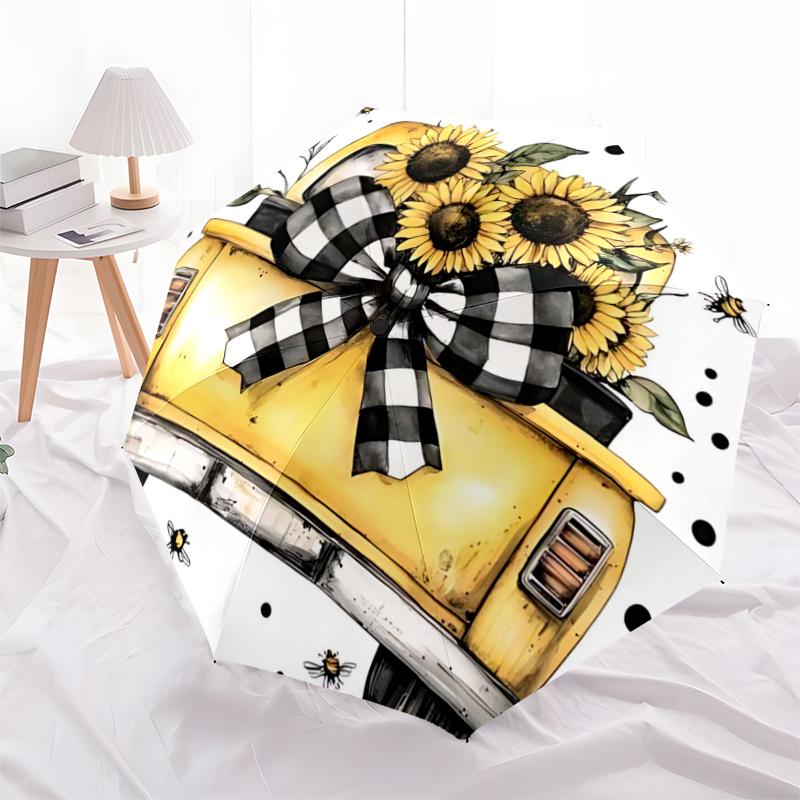 Sunflower Bowknot Yellow Pickup Truck - Automatic Opening Umbrella, Portable Folding Design, 8-Bone Iron Frame, Outdoor Rain Umbrella, Festi