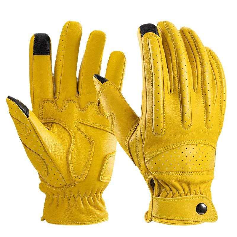Sheepskin Motorcycle Gloves Touch Screen Non Slip Genuine Leather Retro Motorcycle Gloves Yellow