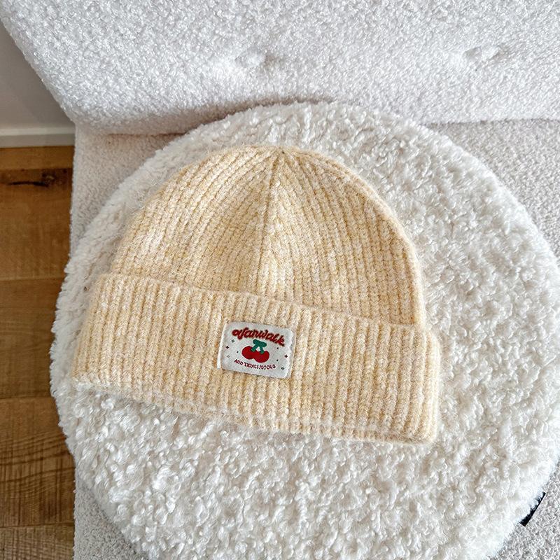 Autumn and Winter Embroidered Cloth Label Cherry Woolen Hat Korean Style Simple Face Showing Small Cold Hat Ear Protection Pullover Head Woolen Hat