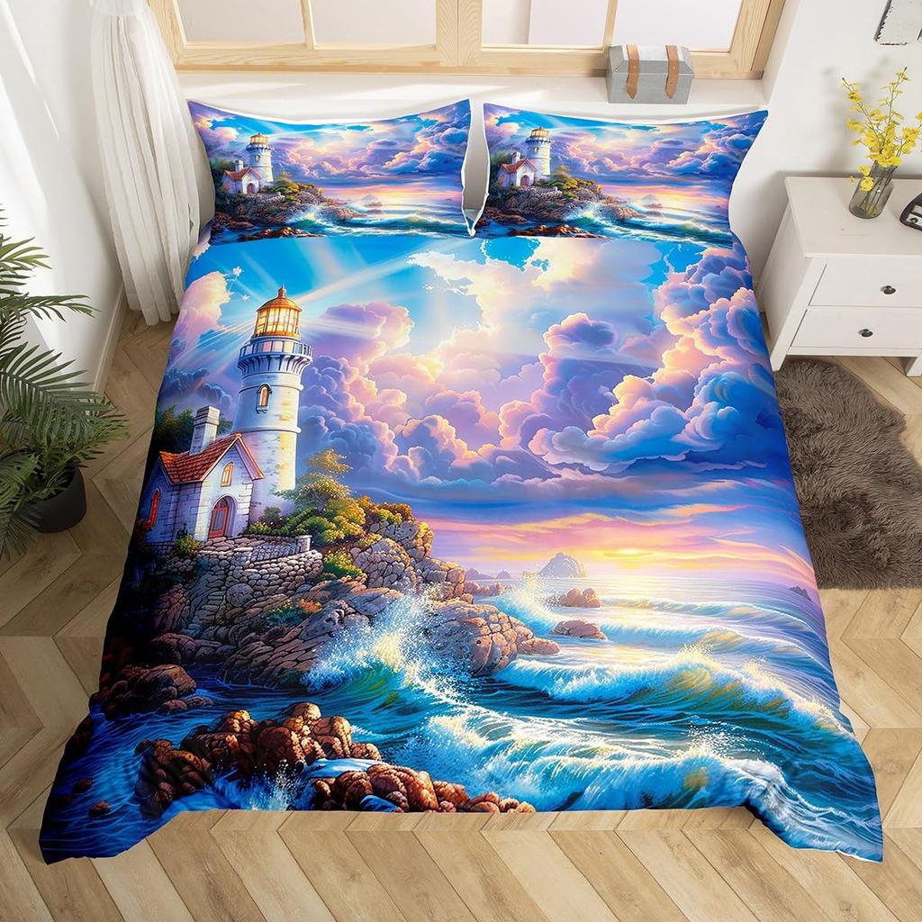 Ocean Beach Duvet Cover Full Lighthouse Comforter Cover Floral Butterfly Bedding Set for Adults Kids Summer Vacation Quilt Cover