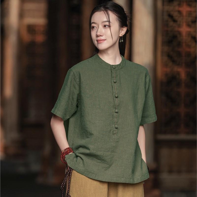 Johnature Women Vintage T-Shirts Stand Short Sleeve Summer Cloths Button Solid Color Loose T-Shirts