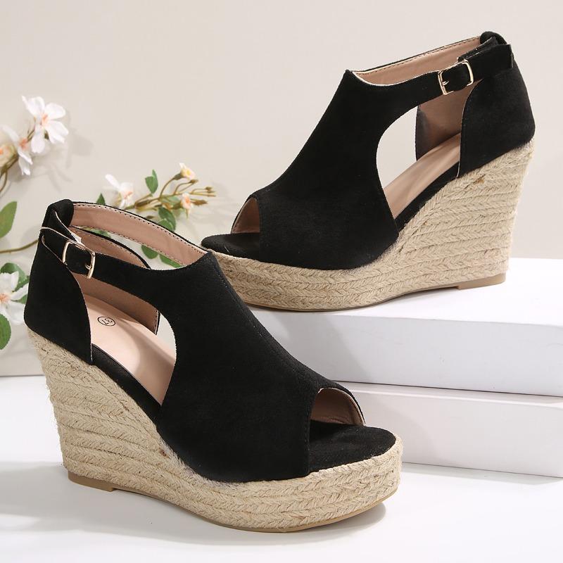 Fashion Slope Heel Sandals Summer New Round Head Open Toe Hollow Metal Buckle Waterproof Platform Non-slip Fish Mouth Heels
