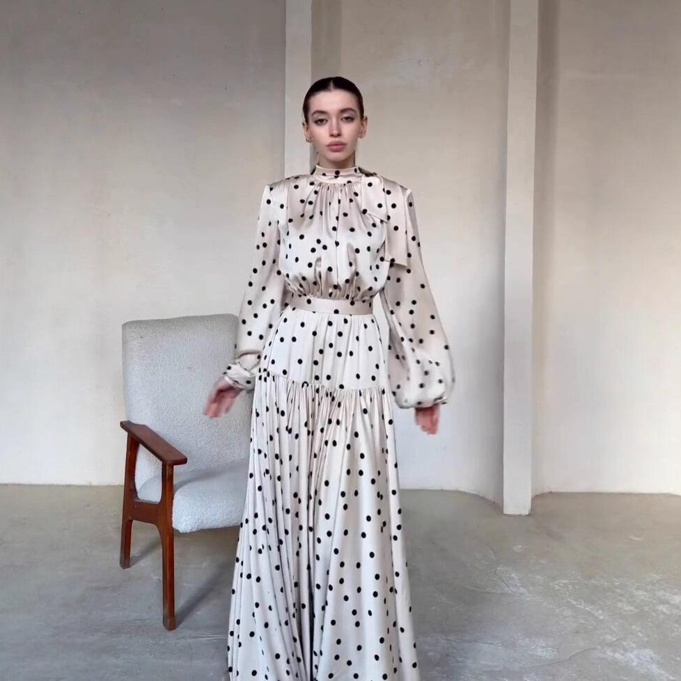 European and American women's clothing spring new fashion temperament retro polka dot bubble sleeve big swing dress