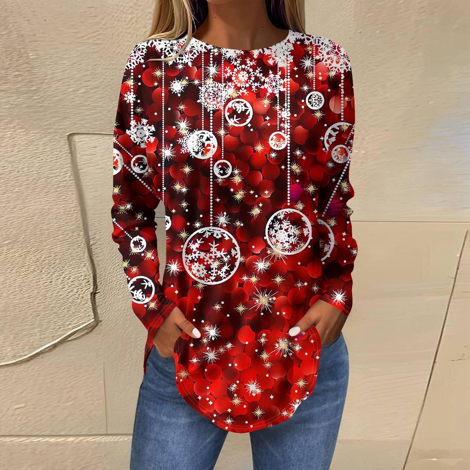 

Футболки для женщин, осенние повседневные рубашки с длинными рукавами, толстовка с ретро-принтом, топ для рождественской вечеринки, пуловер XL винный