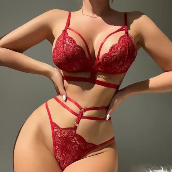 2 Pcs/Set Bra Briefs Set See-through Lace Embroidery Hollow Out Multi Straps Solid Color Thin High Waist Night Honeymoon Valentines Day Underwear Set