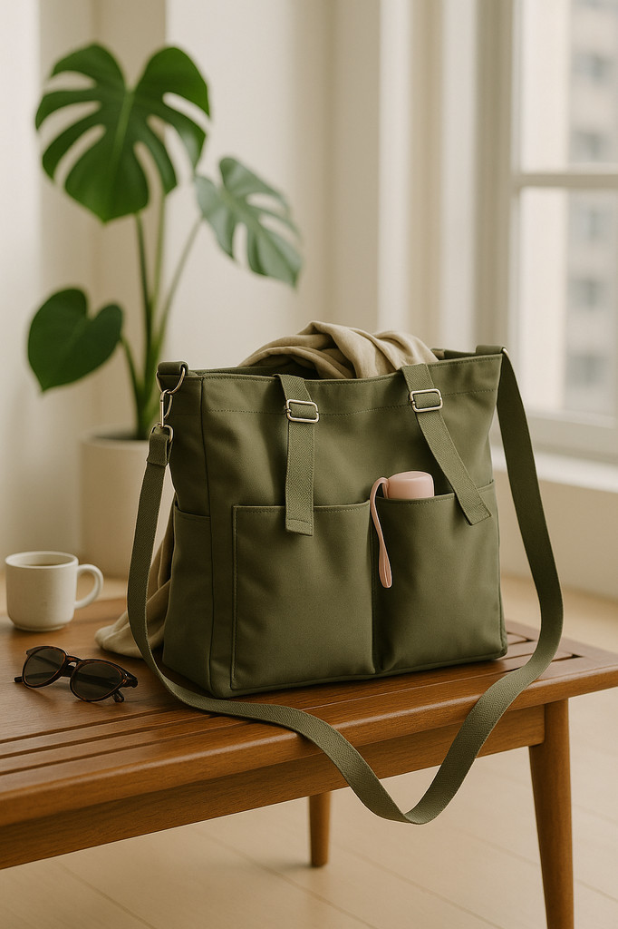 ორმაგი ჯიბის წყალგაუმტარი მწვანე წყალგაუმტარი ჩანთა გულსაკიდი გარეშე დიდი ტევადობის ტილოს ჩანთა