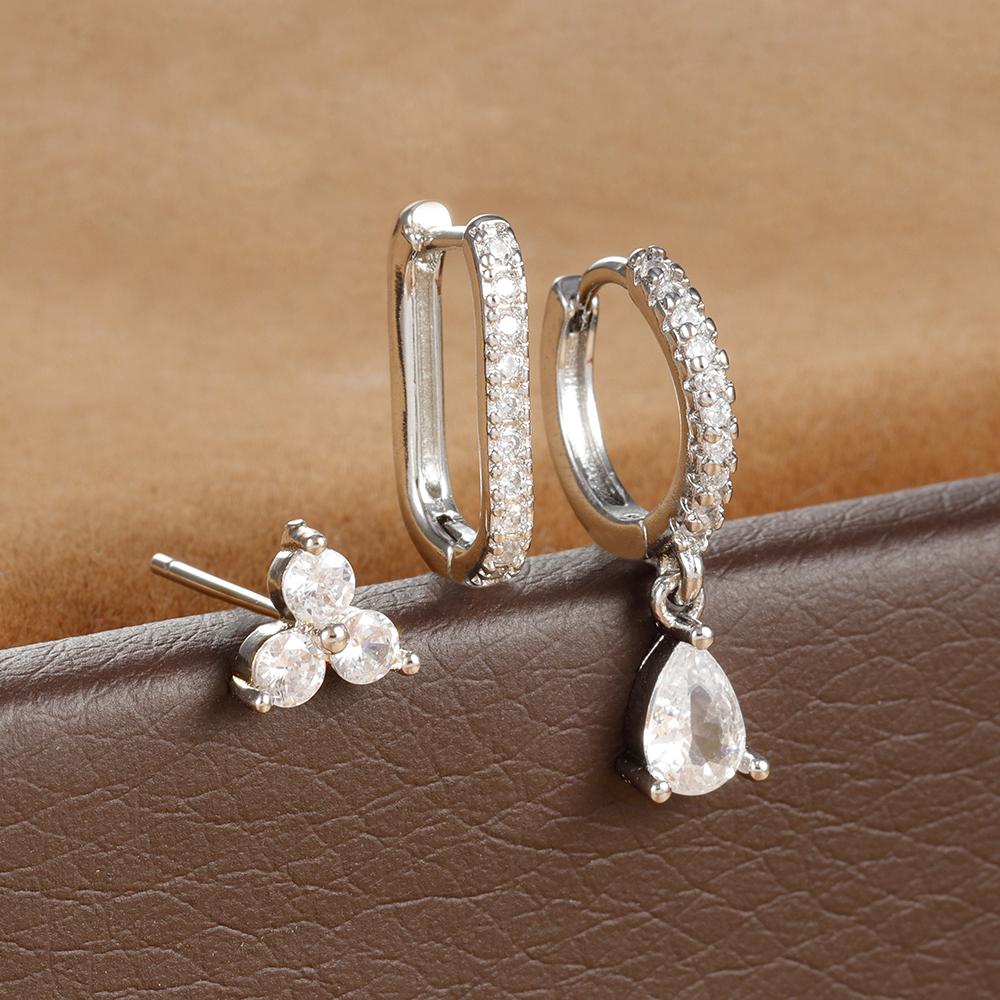 3PCS Fashion Water Drop Huggie Hoop Earrings Set for Women Three-petal Flower Stud Earrings Prevent Allergy Piercing Jewelry