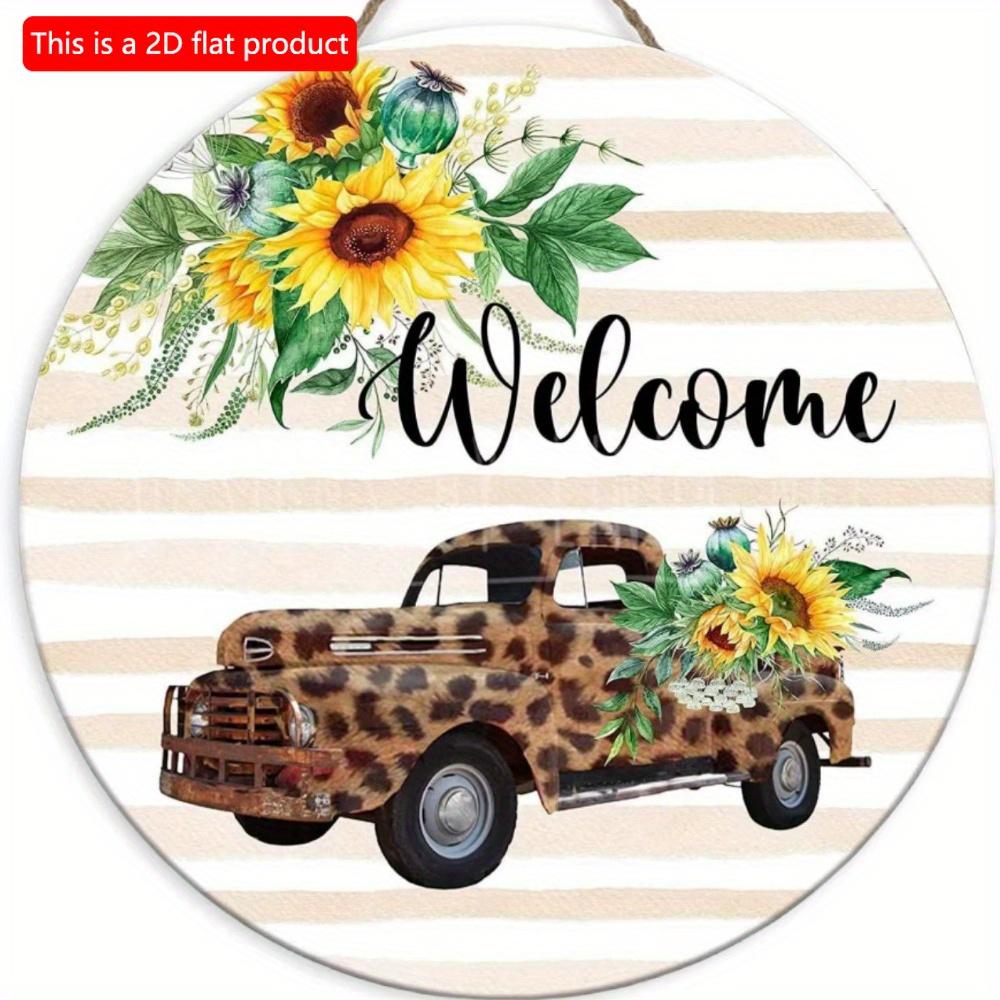 1pc 2d Flat Retro Round Wooden Sign Flower Market Flower Truck, Novel and Interesting Garage Bar Kitchen Home Family Friend Gift Wooden Sign- 20cm