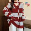 Korean Style V-Neck Color-Block Stripe Loose Knit Pullover