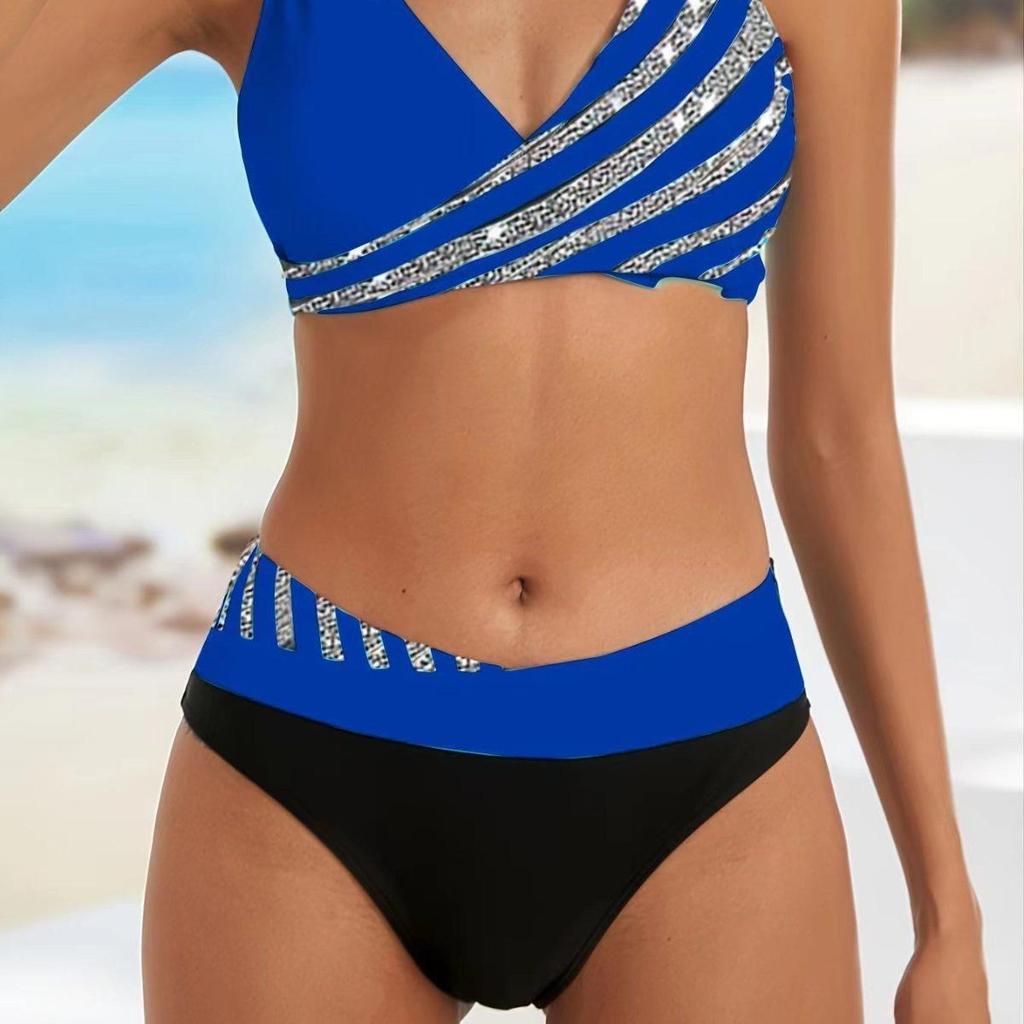 Set Bikini la Modă cu Imprimeu în Dungi, Costum de Baie Sexy din Două Piese, Costum de Baie cu Stil Fermecător