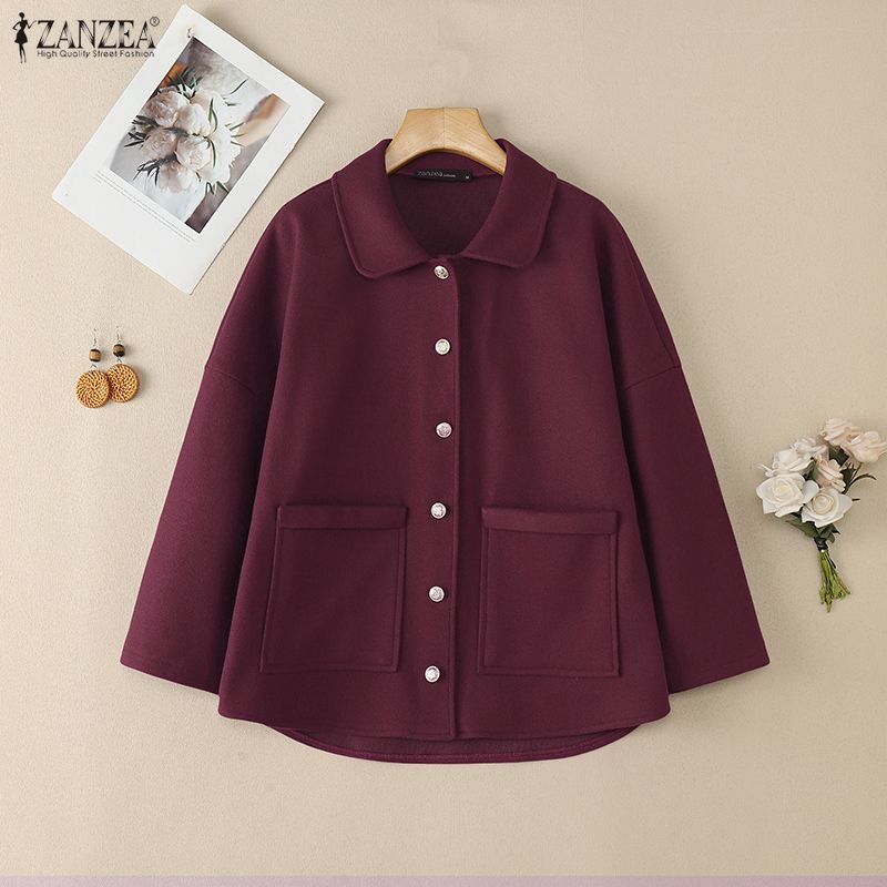 ZANZEA Women Casual Turn Down Collar Long Sleeve Spring Woolen Jackets