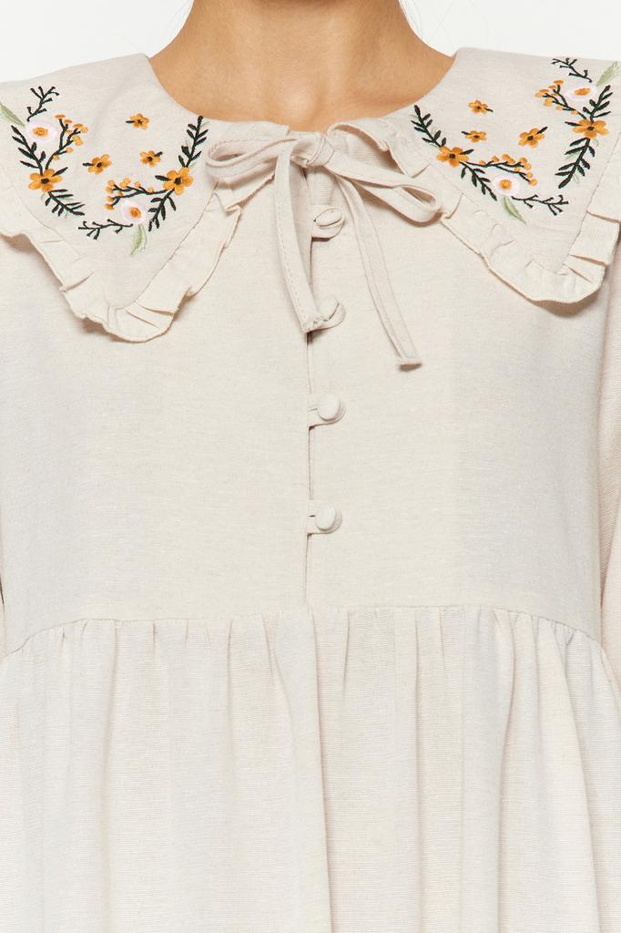 Women's Fashion New Hijab Dress Cinnamon Collar Embroidered Half Patch Linen Look Woven Dress