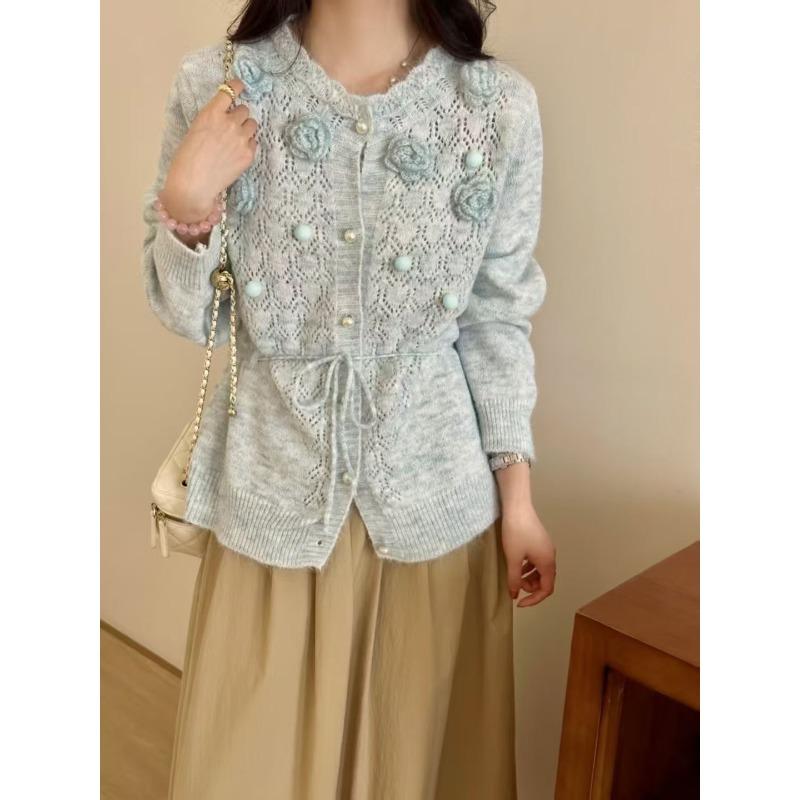Heavy industry three-dimensional flower knitted cardigan autumn and winter new crochet hollow waist thin sweater jacket top