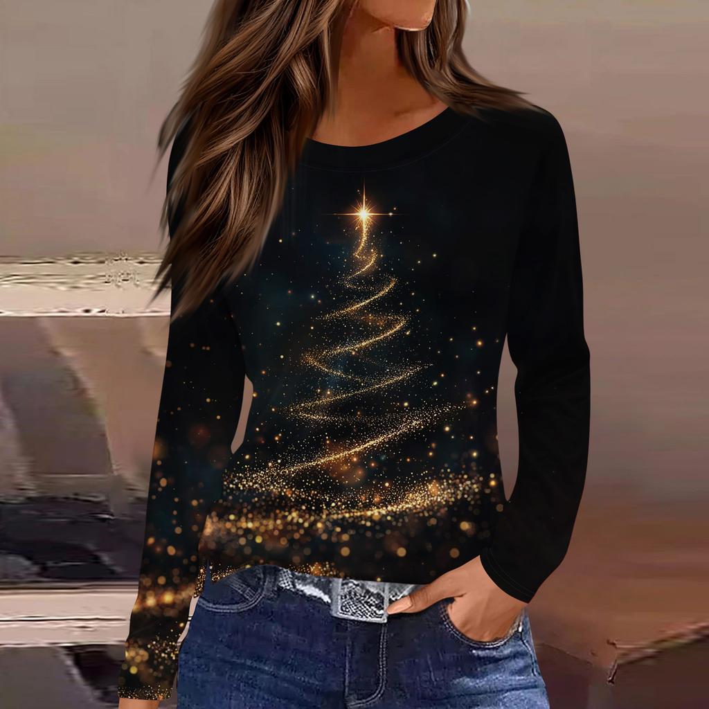 Women's Fashion Casual Slit Hem Round Neck Long Sleeve Loose Christmas Printed T-Shirt Ladies Top