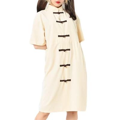 Kleid mit Chinesischem Einzigartigem Chinesischem Lolita Cool Sommer Mittelbeige [RomelCheo] Knielang Knöpfe, Hemd, Kleid, Hanfu, Damen, Niedlich, Kleid, Länge,