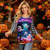 Women's Halloween Printed Long Sleeve Blouse with Round Neck and Three-Quarter Sleeves for Festive Occasions
