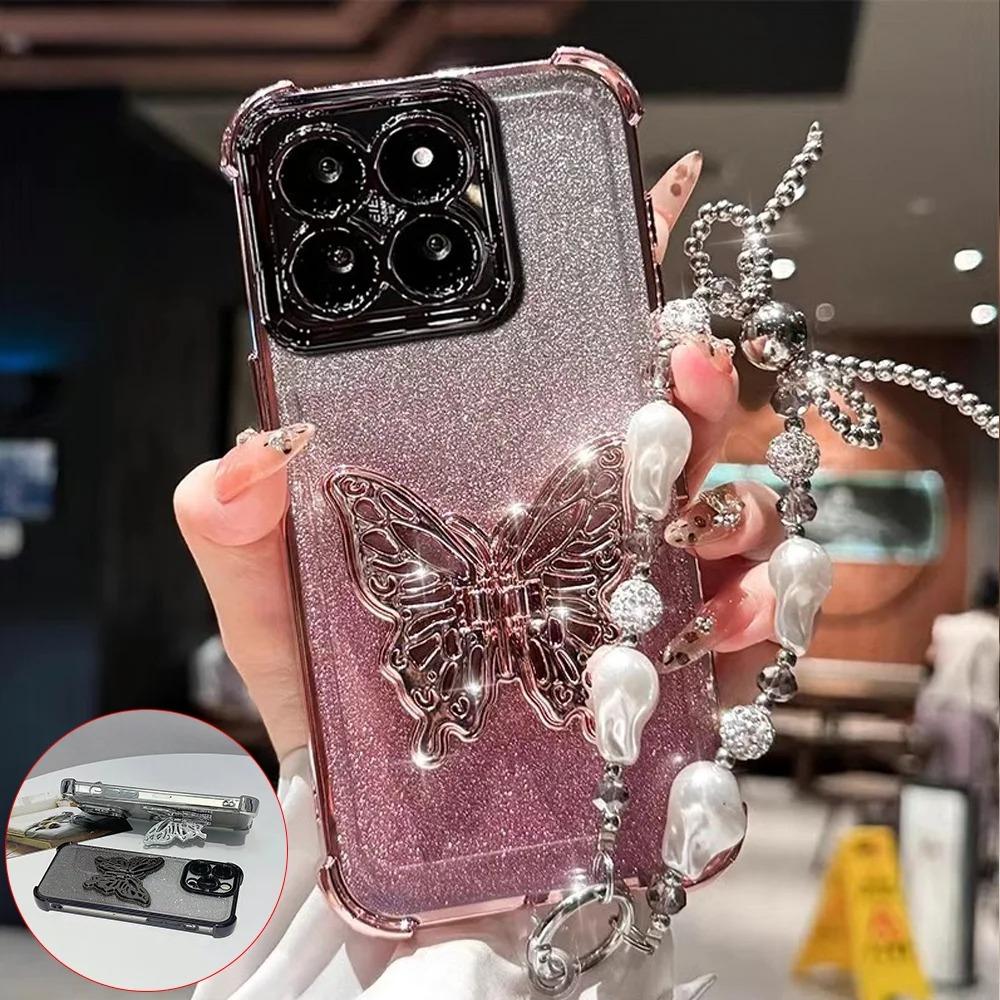 

Butterfly Electroplating Bracket Phone Case For Xiaomi Redmi Note 14 13 Pro Plus 5G 4G 11S 12 10S 9 Pearl Chain Soft Silicone Redmi Note 14Pro(5G)