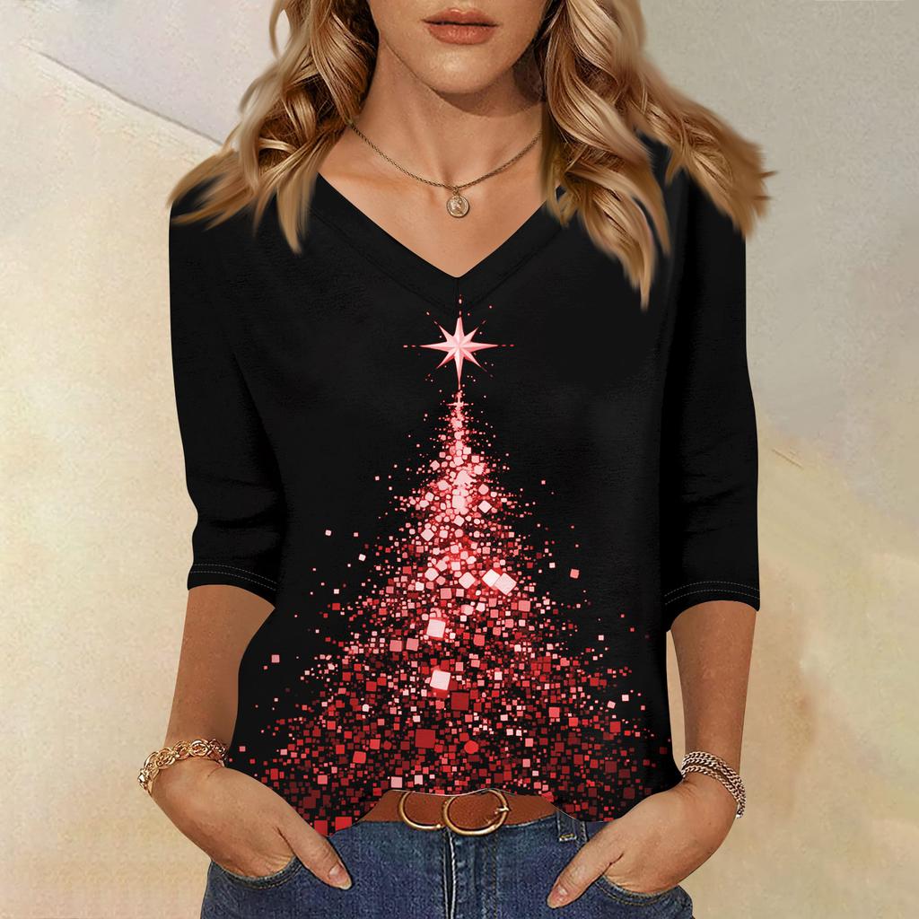 3/4 Sleeve Shirts For Women Print Christmas Tees Blouses Casual Plus Size Basic Tops Pullover