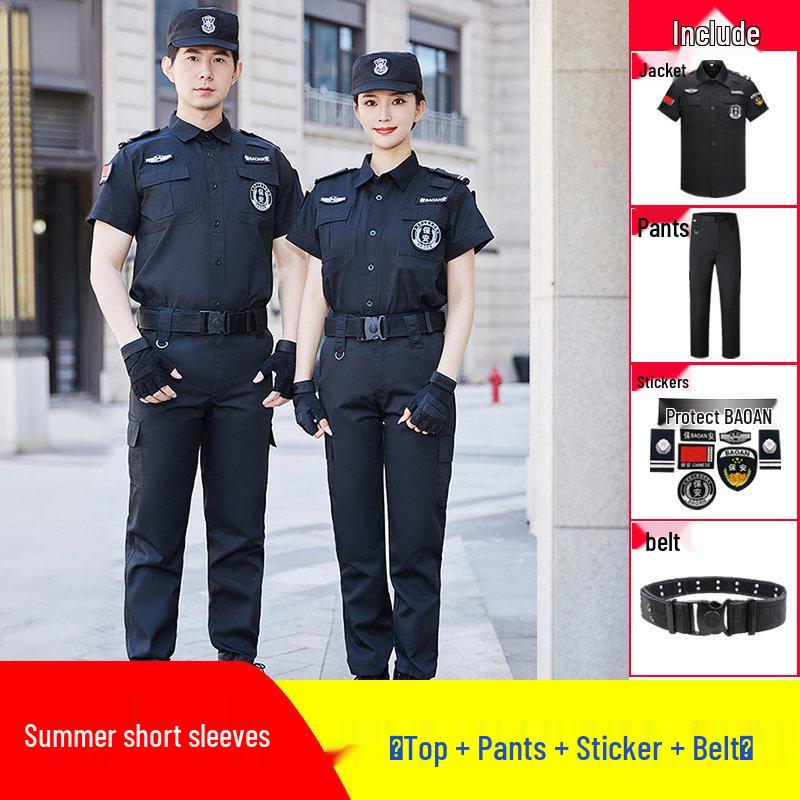 Men's Summer Security Uniform Short-Sleeve Set, Black Duty Training Attire for Property Management Community.
