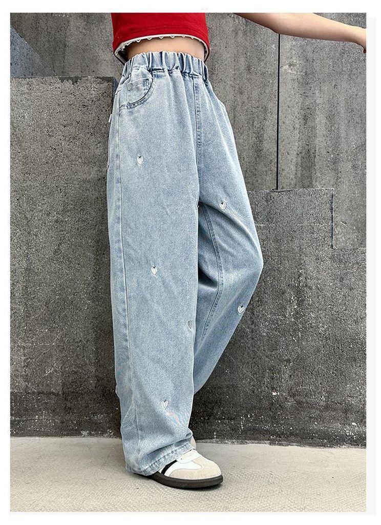 Girls' Embroidered Casual Wide-Leg Jeans for Spring & Autumn