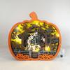 Wooden Halloween Pumpkin Decoration with Carved Pattern and LED Lights Halloween Pumpkin Ornament for Indoor Display Halloween Themed Wooden Craft