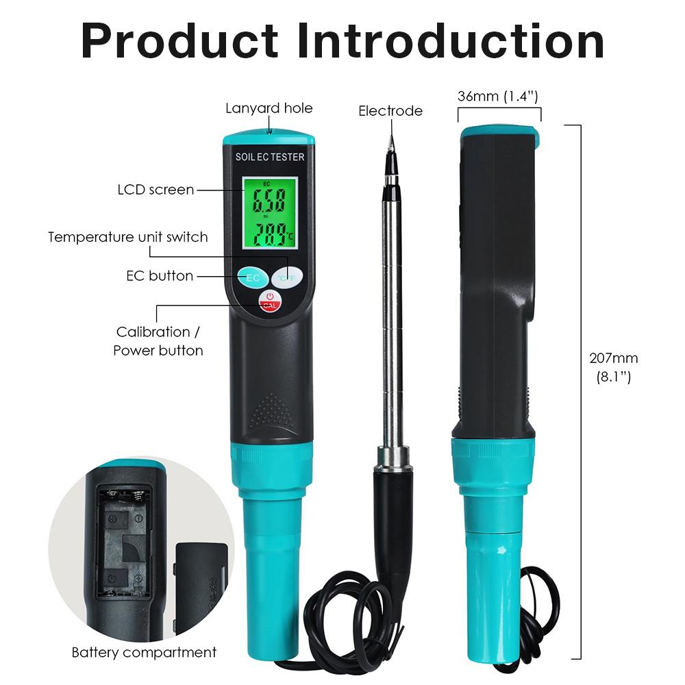 2 In 1 Digital EC/Temp Soil Tester 0.00~4.00mS/cm Conductivity Meter High Accuracy Sensor with ATC for  Planting Gardening