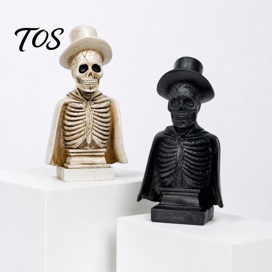 Desktop Ornament for Dark Style Decor Gothic Halloween Skull Sculpture with Top Hat And Cape, Spooky Resin Creepy Statue Holiday Skeleton Figurine LED