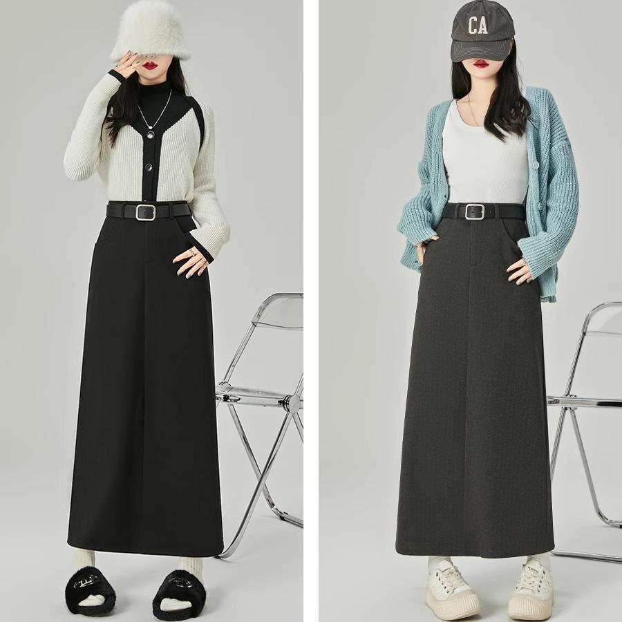 Women's High-Waist Woolen Slit Midi Skirt - Autumn Slim Fit