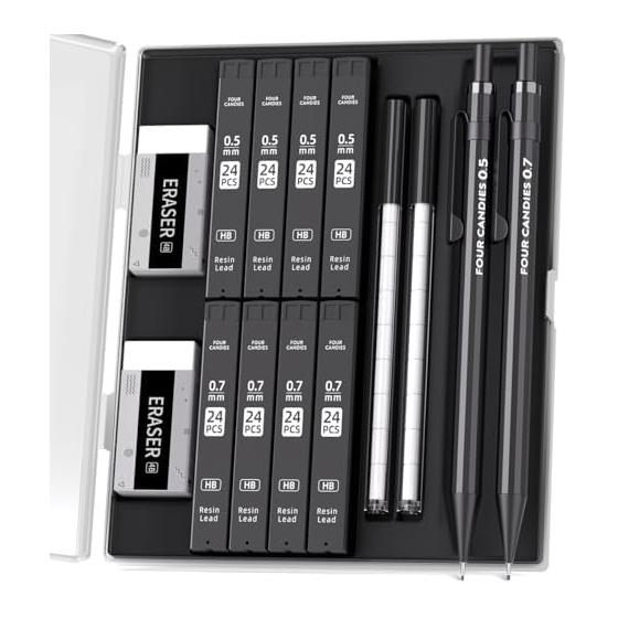 Four Candies Metal Mechanical Pencil Set, 0.5 & 0.7mm, 2 Pcs, Full Metal Body, Non-slip Polygonal Barrel, Dual Spring Structure, Three-Jaw Clamp