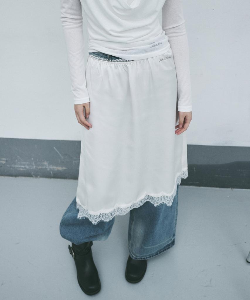 Nigaennikol Satin Lace Long Skirt_Cream