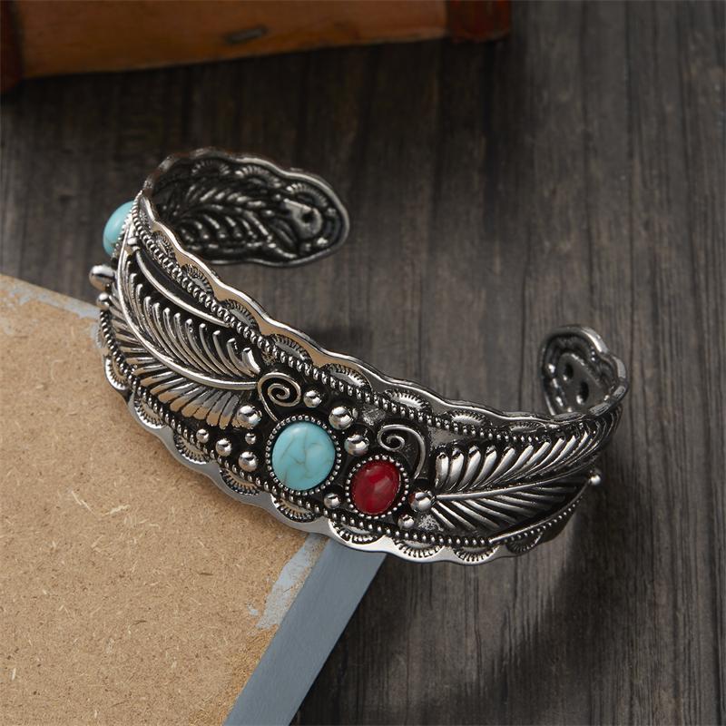 Vintage Turquoises Feather Bracelet for Men Women Bohemian Ethnic Natural Stone Open Adjustable Cuff Bangles Party Jewelry Gifts