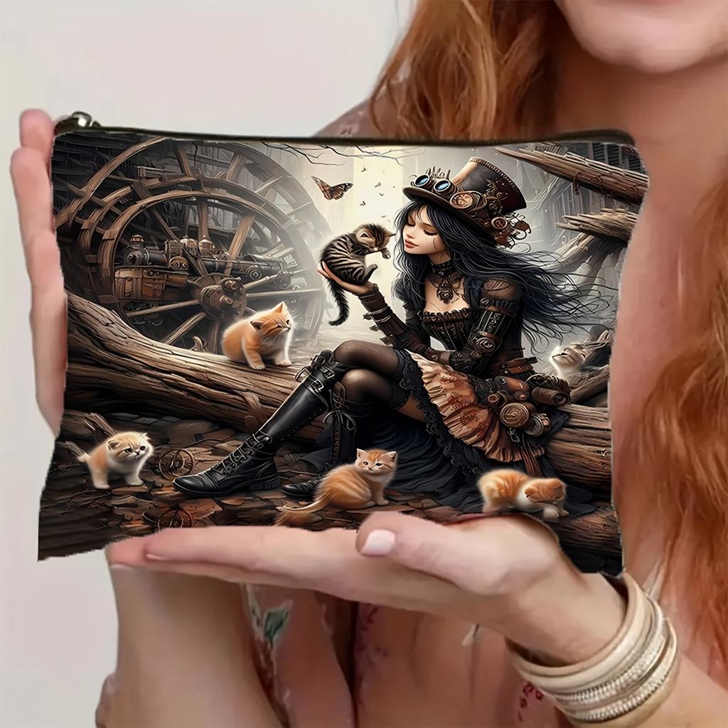 Enchanted Forest Witch and Cat Full Moon Cosmetic Bag Spooky HalloweenThemed Makeup Pouch with Bats, Stars, and Full Moon Design