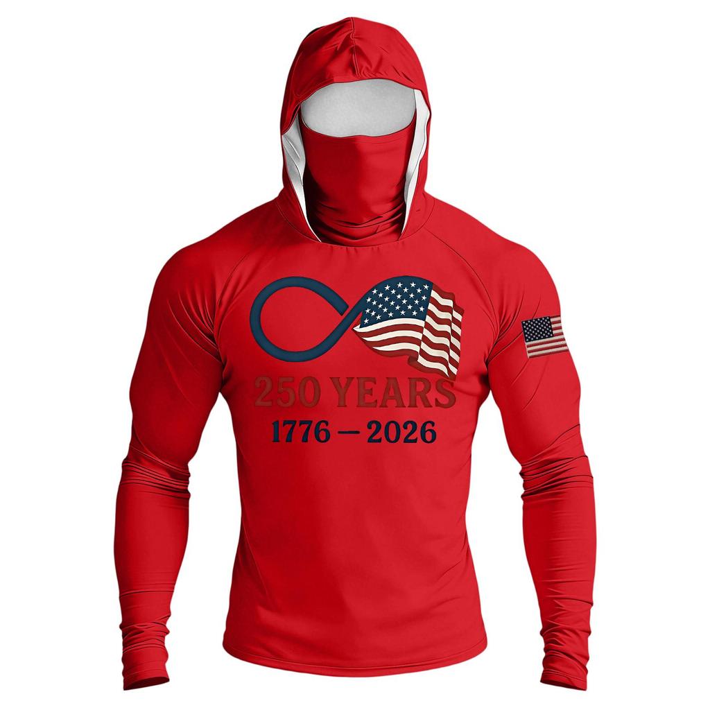 Men's Raglan Sleeve Hooded Long Sleeve Sun Top with Printed Front and Sleeve Design for Outdoor Activities