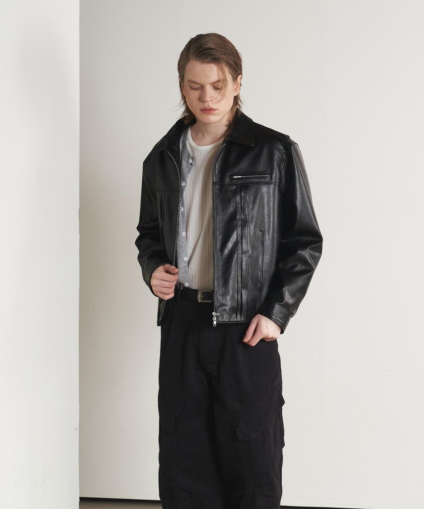 Sperone Double Line Trucker Two-Way Leather Jacket (Black)