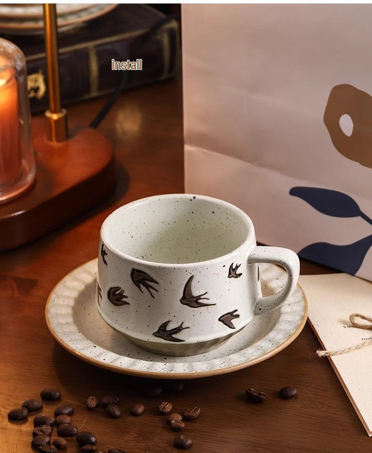 Elegant Niche Ceramic Coffee Cup and Saucer Set In Retro Coarse Pottery Design