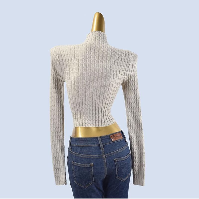 High-Grade Knit Women Half-high Collar Base Inner wear Spring and Autumn Twist Sweater Slim fit Sunken Stripe High Waist Short