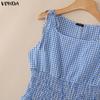 VONDA Women Sleeveless Elastic Waist Plaid Print Ruffled Casual Mini Tank Dress