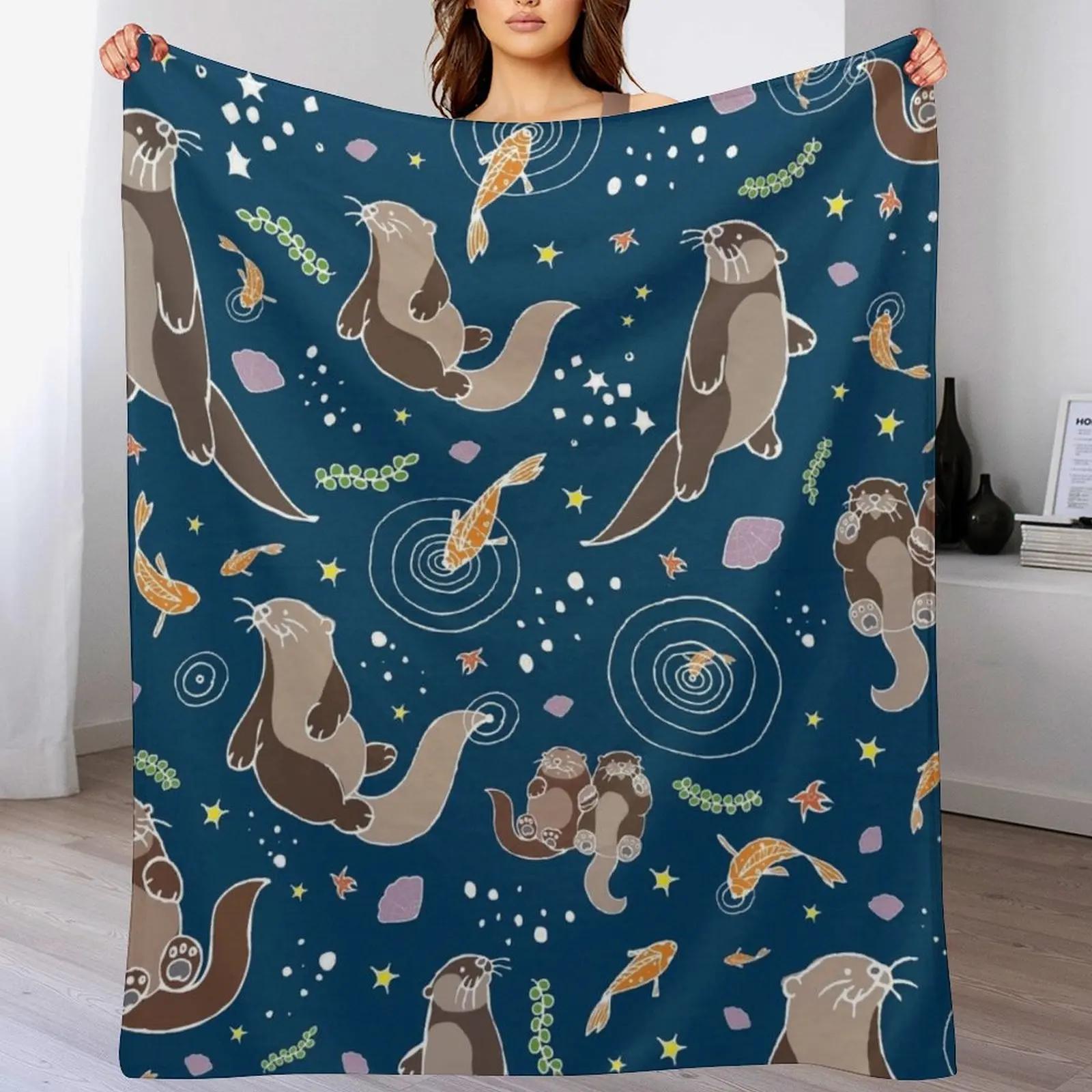 Sea Otters at Night Throw Blanket Lightweight Warm Blanket for Travel Camping Size: 75*100cm, Weight: 230 GSM