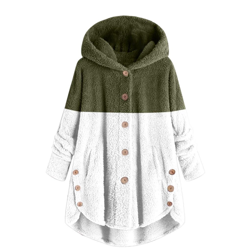 Jachetă de damă la modă, patchwork, largă, cu glugă, plușată, cu nasturi, cu mâneci lungi, largă, călduroasă