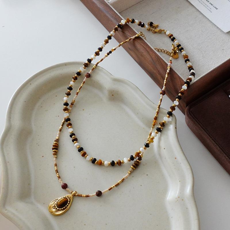 Tiger'S Eye Beaded Halskjede Maillard Oval Premium Genserkjede Titanium Stål Vintage Coffee Naturstein Clavicle Chain