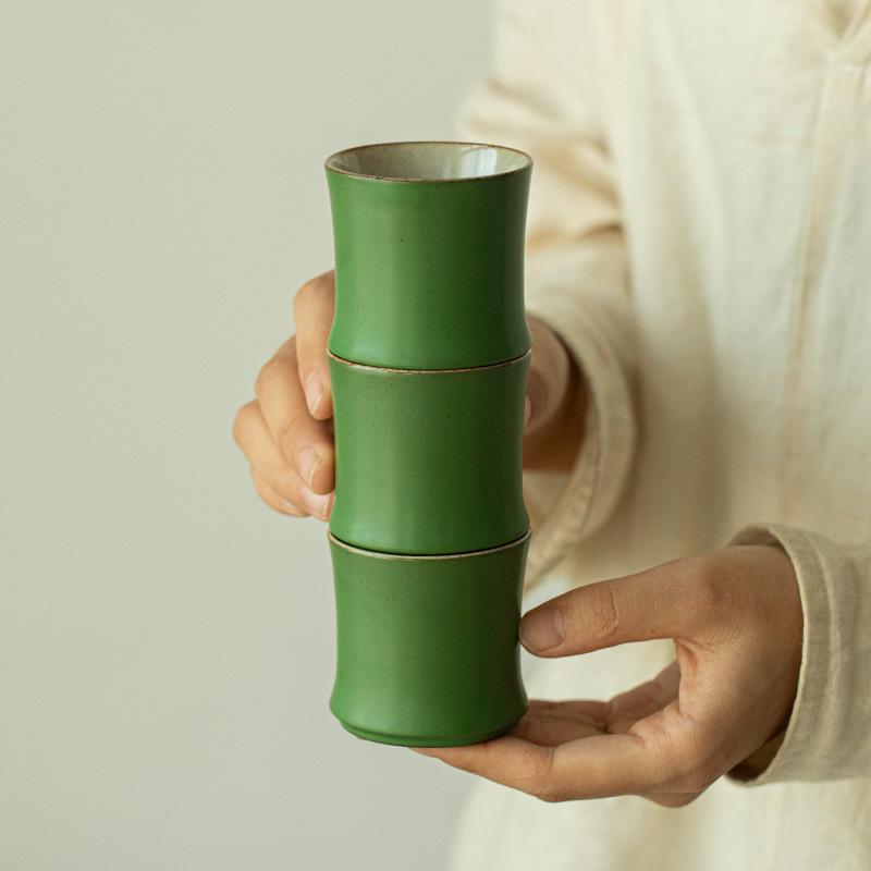 Chinese Style Bamboo Cup Creative Green Glaze Green Bamboo Teacup High-end Master Cup Home Kung Fu Tea Set Ceramic Drinking Cup