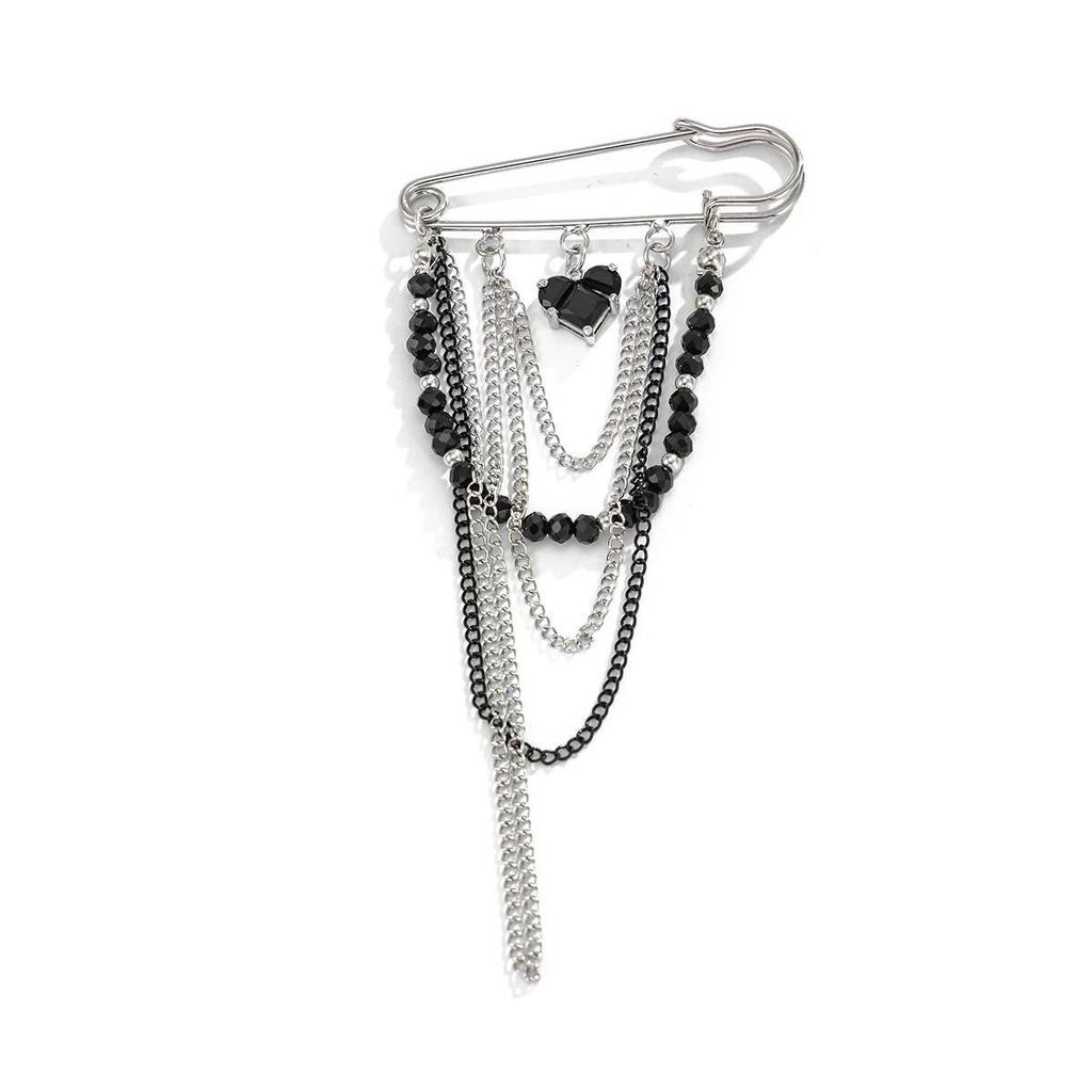 Salircon Creative Punk Black Crystal Beads Heart-shaped Pendant Brooches Women Men Fashion Metal Tassel Suit Collar Pins Jewelry