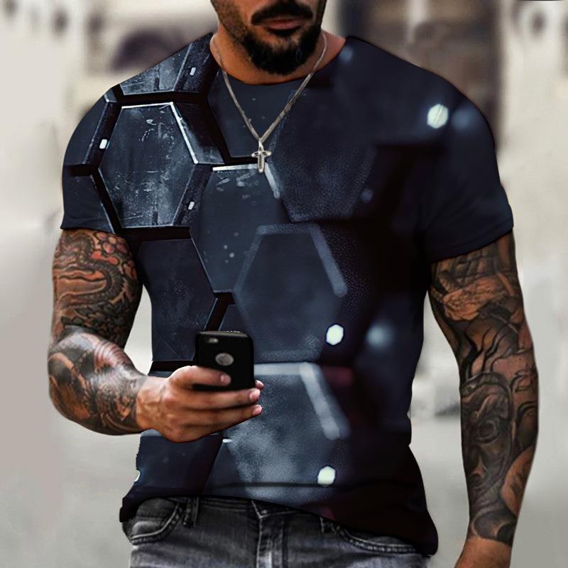 2025 New Men's Personalized Honeycomb 3D Digital Printed Casual Short Sleeve Top T-shirt