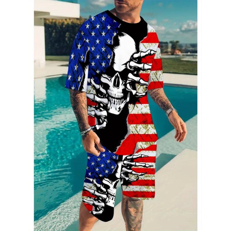 

Men s novelty 3D flag skull pattern printed polyester casual wear, round neck short sleeve T-shirt and shorts 2 piece set XL