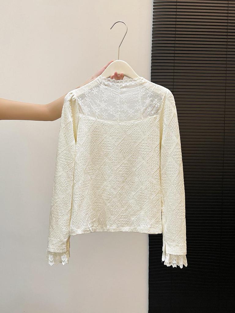 Women's Elegant Floral Lace Half-High Neck Slim Fit Top - French Mature Style for Autumn/Winter