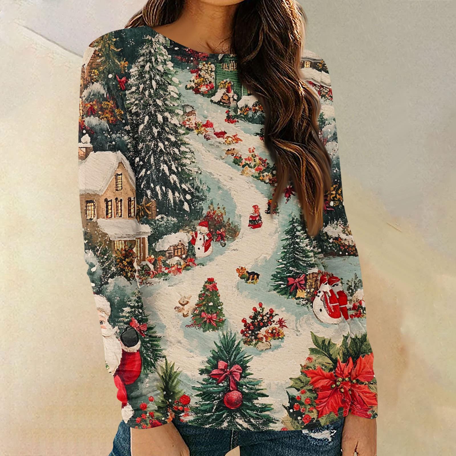 

Женские рубашки с длинным рукавом и круглым вырезом, повседневные топы, туники с рождественским принтом, свободные футболки XXXL зелёный