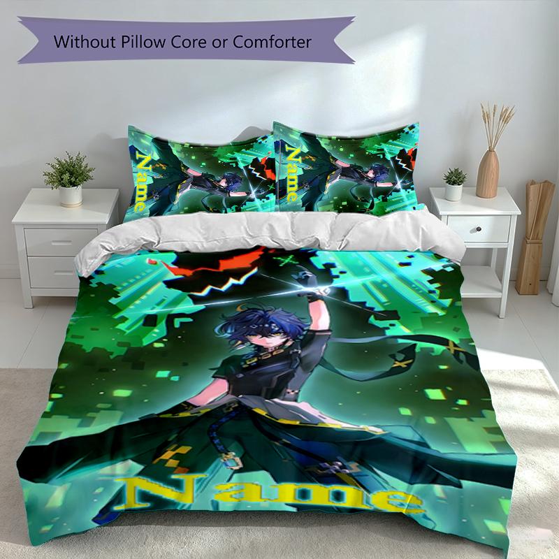 3pcs Custom Name Genshin Impact Characters Set,Includes 1 Duvet Cover and 2 Pillowcases,All-season Bedroom Decor