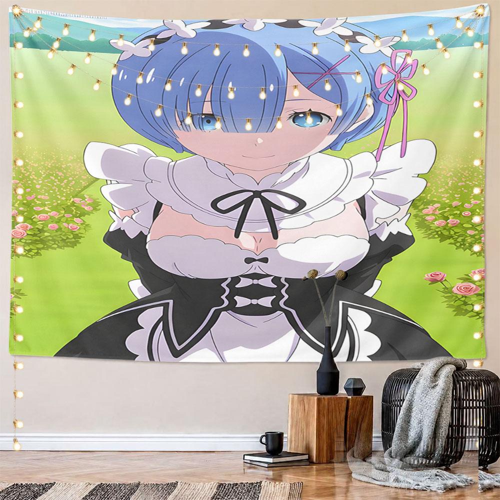 Blue-Haired Maid in Rose Garden Pattern Wall Hanging Tapestry Decorative Tapestry Home Decor for Bedroom and Living Room
